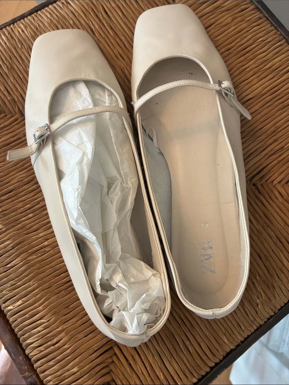 Zara Ivory Leather Mary Jane Flats with Square Toe